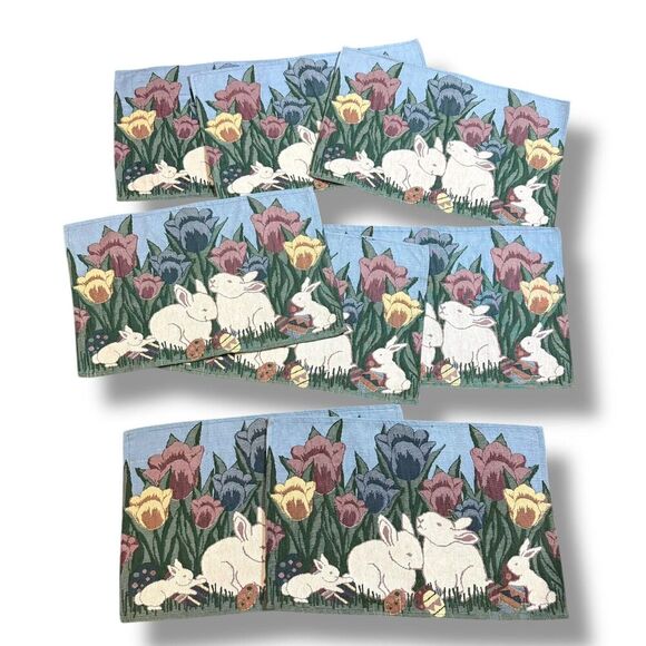 VTG Handmade Tapestry Spring Easter Bunny Rabbit Table Placemats Set Of 8 - Picture 2 of 11
